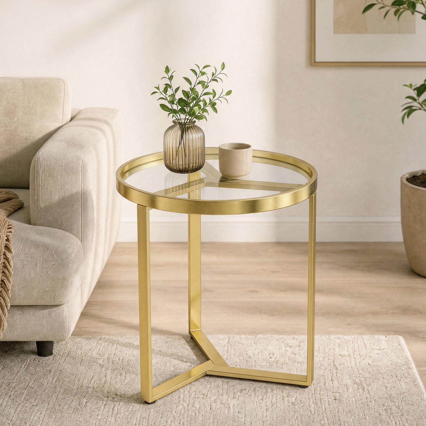 HOMCOM Round Glass Side Table With Tempered Glass Top And Geometric Metal Frame For Small Space Gold Tone