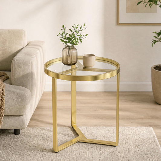 HOMCOM Round Glass Side Table With Tempered Glass Top And Geometric Metal Frame For Small Space Gold Tone