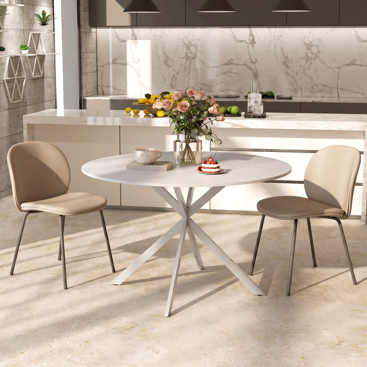 Round dining table with white top and white steel X legs