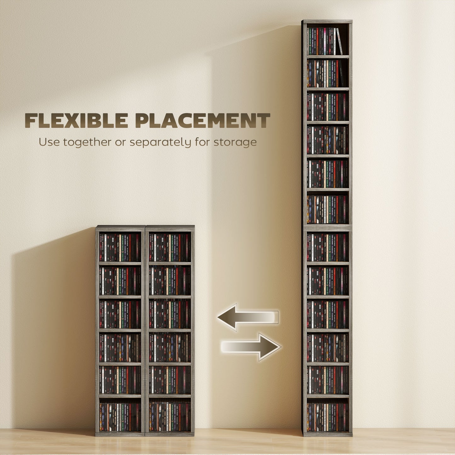 HOMCOM Set Of 2 Distressed Grey CD Media Display Shelves With Adjustable Shelves And Six Compartments Tower Rack