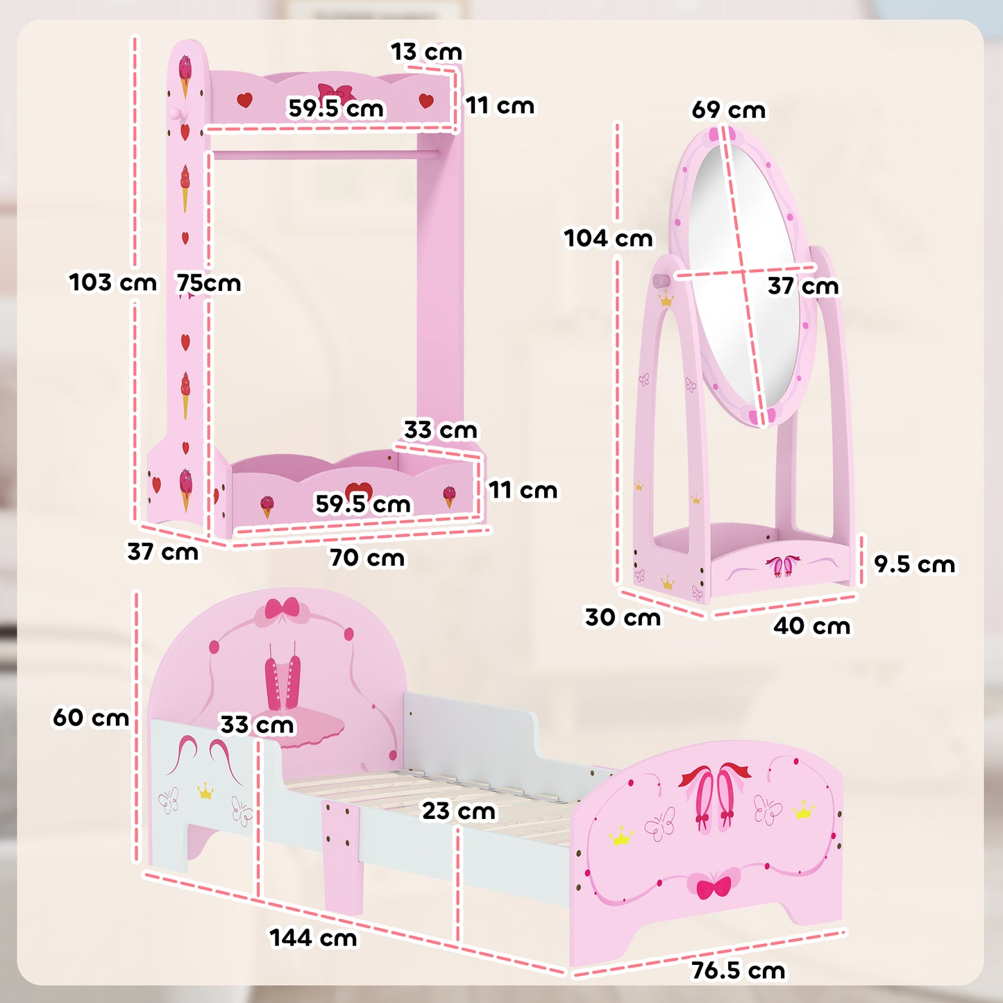 AIYAPLAY Kids Bed With Safety Rails Clothes Rail Full Length Mirror 3 Piece Pink Bedroom Furniture Set