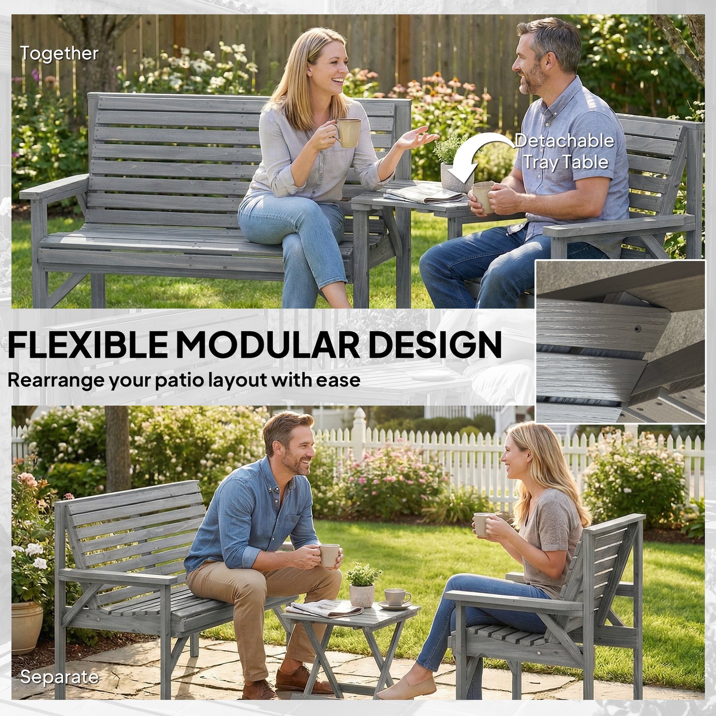 Outsunny Wooden Garden Furniture Set With Parasol Hole 1 Chair 1 Bench Detachable Table Grey Embossed Finish