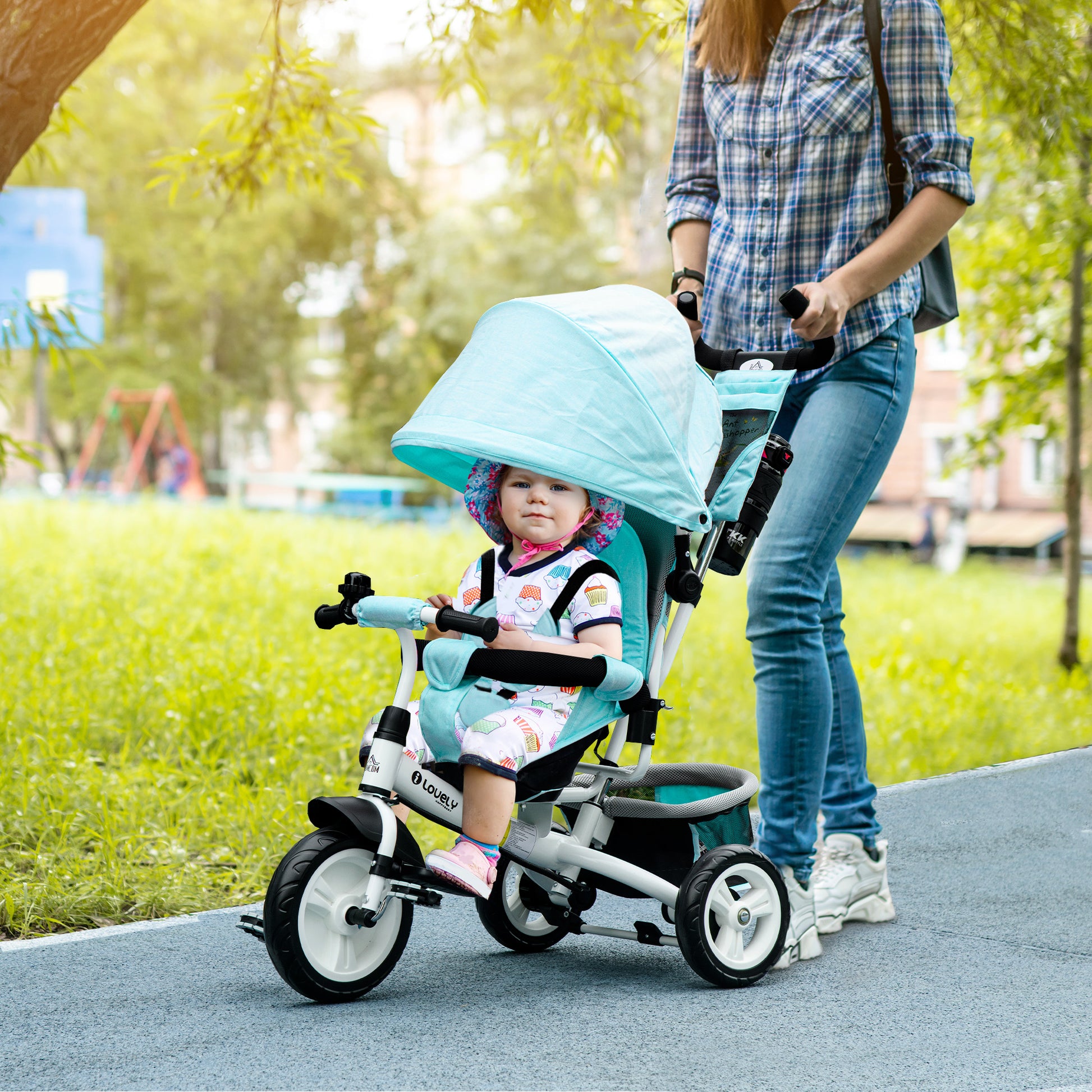 HOMCOM Transformable 4-in-1 Kids Trike with Canopy, Push Handle, and Safety Features for Ages 1-5 - Green - ALL4U RETAILER LTD