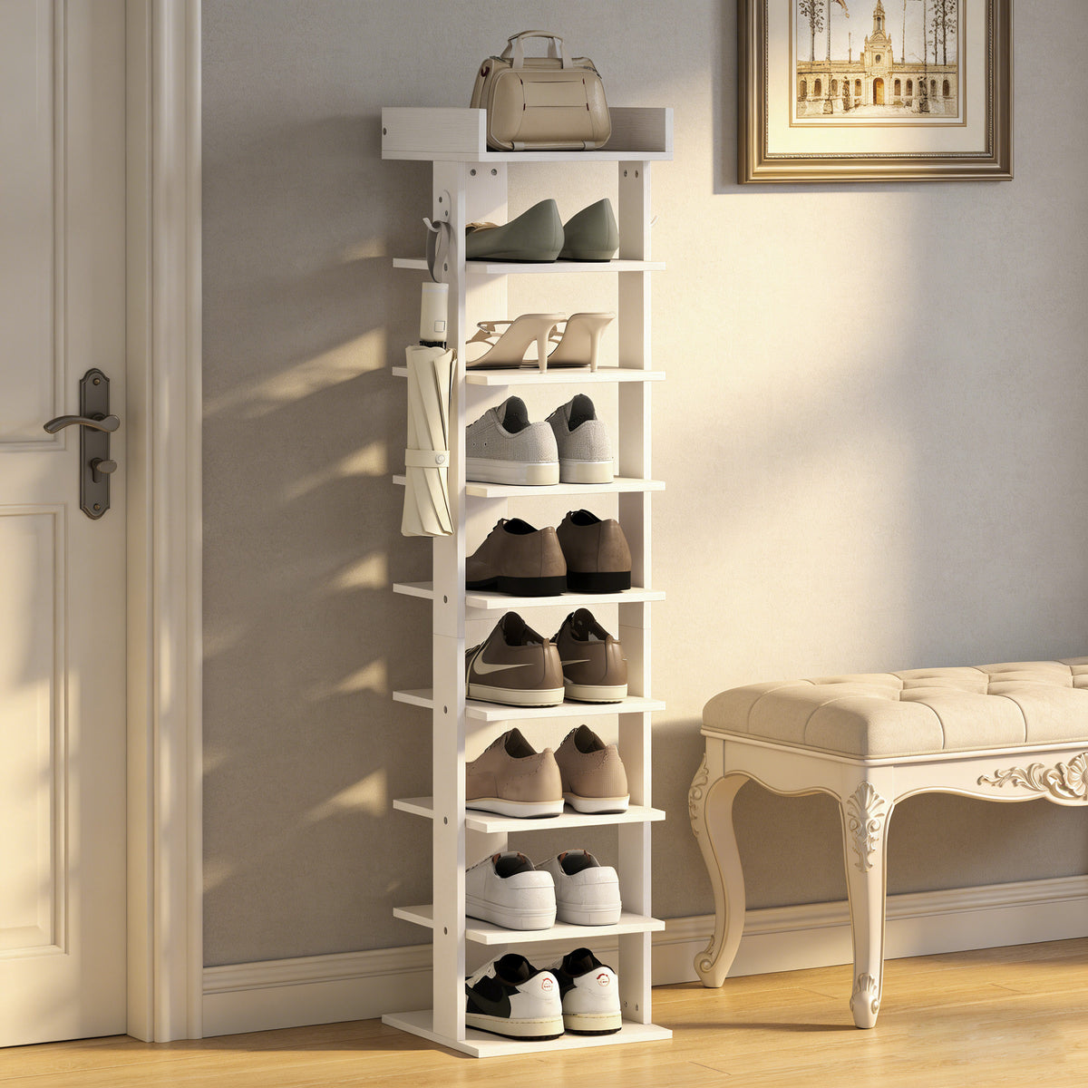 HOMCOM 9 Tier Shoe Rack with Top Tray Guardrail and 2 Hooks White