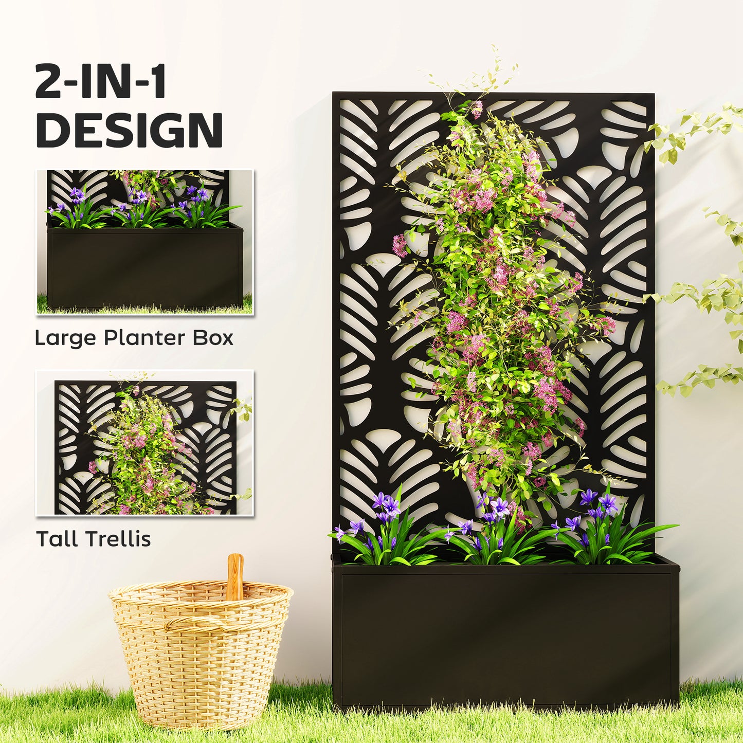Outsunny Metal Garden Bed With Trellis Raised Planter For Wall Mounted Or Freestanding Privacy Screen 29L Soil