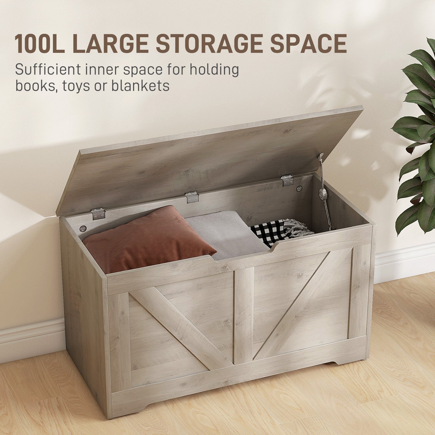 HOMCOM 100L Grey Wood Effect Storage Ottoman With Safety Hinges And Flat Lid Perfect For Blankets And Cushions