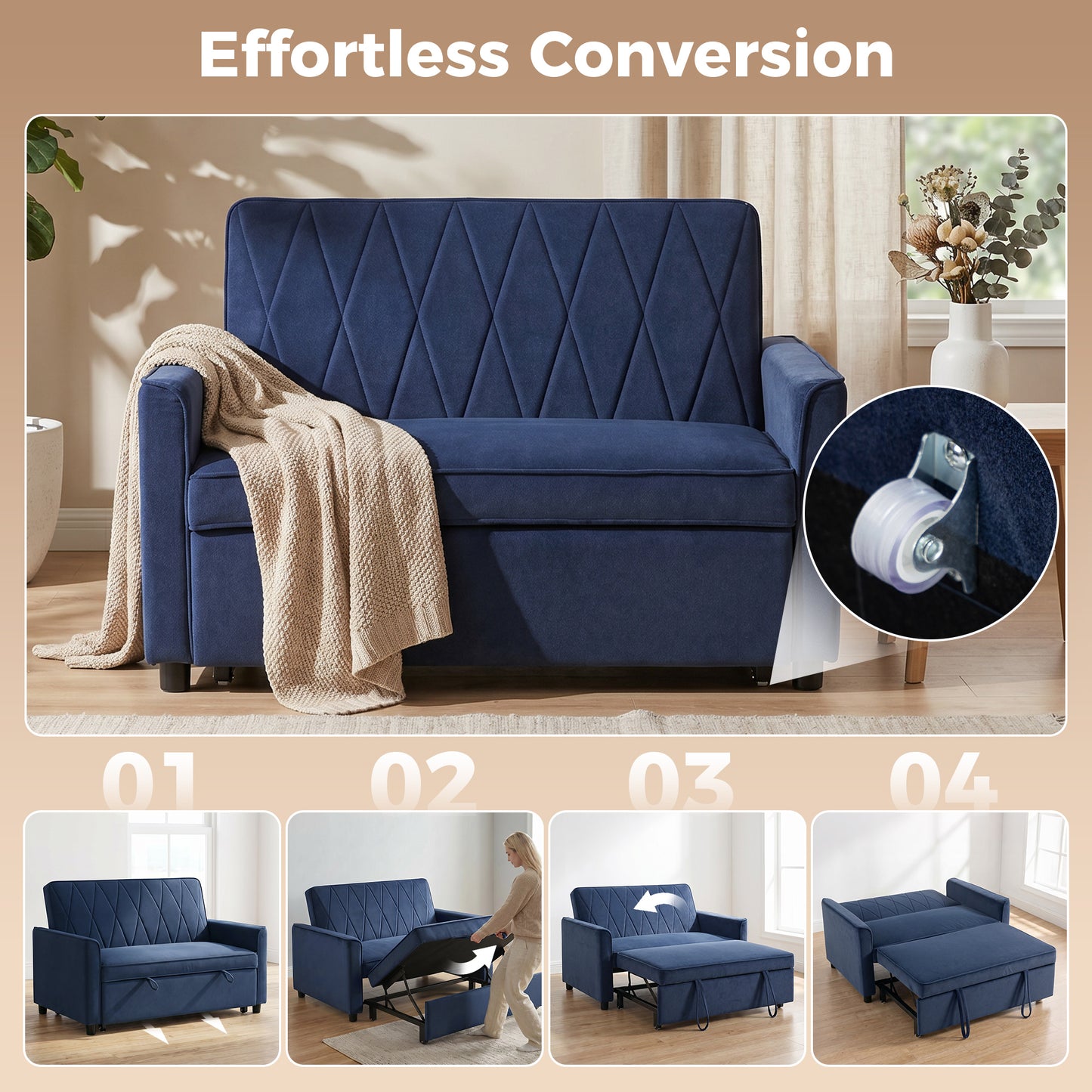 HOMCOM 2 Seater Sofa Bed 3 In 1 Convertible Pull Out Sleeper Sofa With Clik Clack Adjustable Backrest Dark Blue Velvet