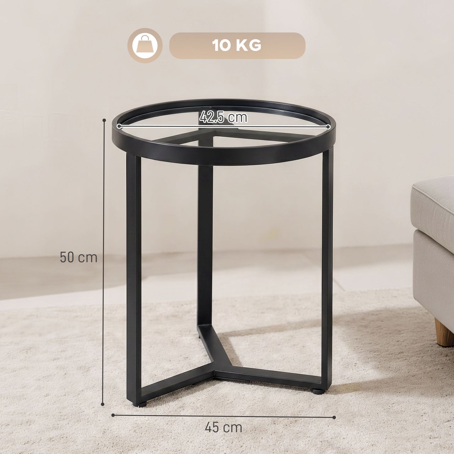 HOMCOM Round Side Table With Tempered Glass Top And Geometric Metal Frame For Small Spaces Black