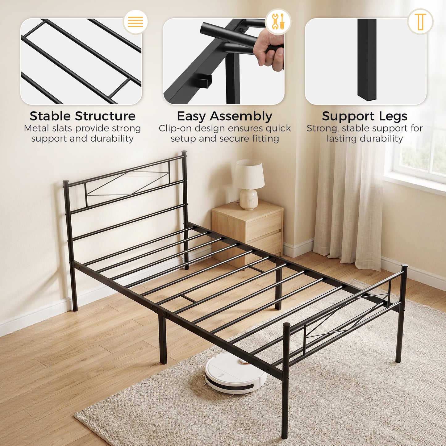 HOMCOM 3ft Single Bed Frame With Headboard And Footboard Metal Platform Bed Frame With 32 Cm Underbed Storage Black