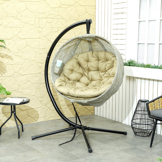 Outsunny Hanging Egg Chair Garden Swing With Folding Basket Thick 13cm Cushion Cup Holder Patio Khaki