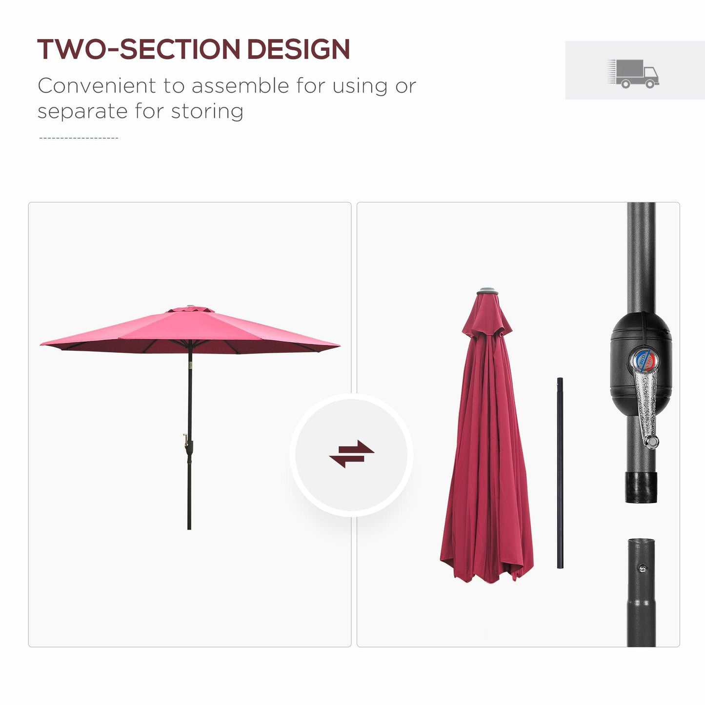 Outsunny 3m Tilting Parasol Garden Umbrellas, Wine Red Sun Shade 8 Ribs, Tilt/Crank - ALL4U RETAILER LTD