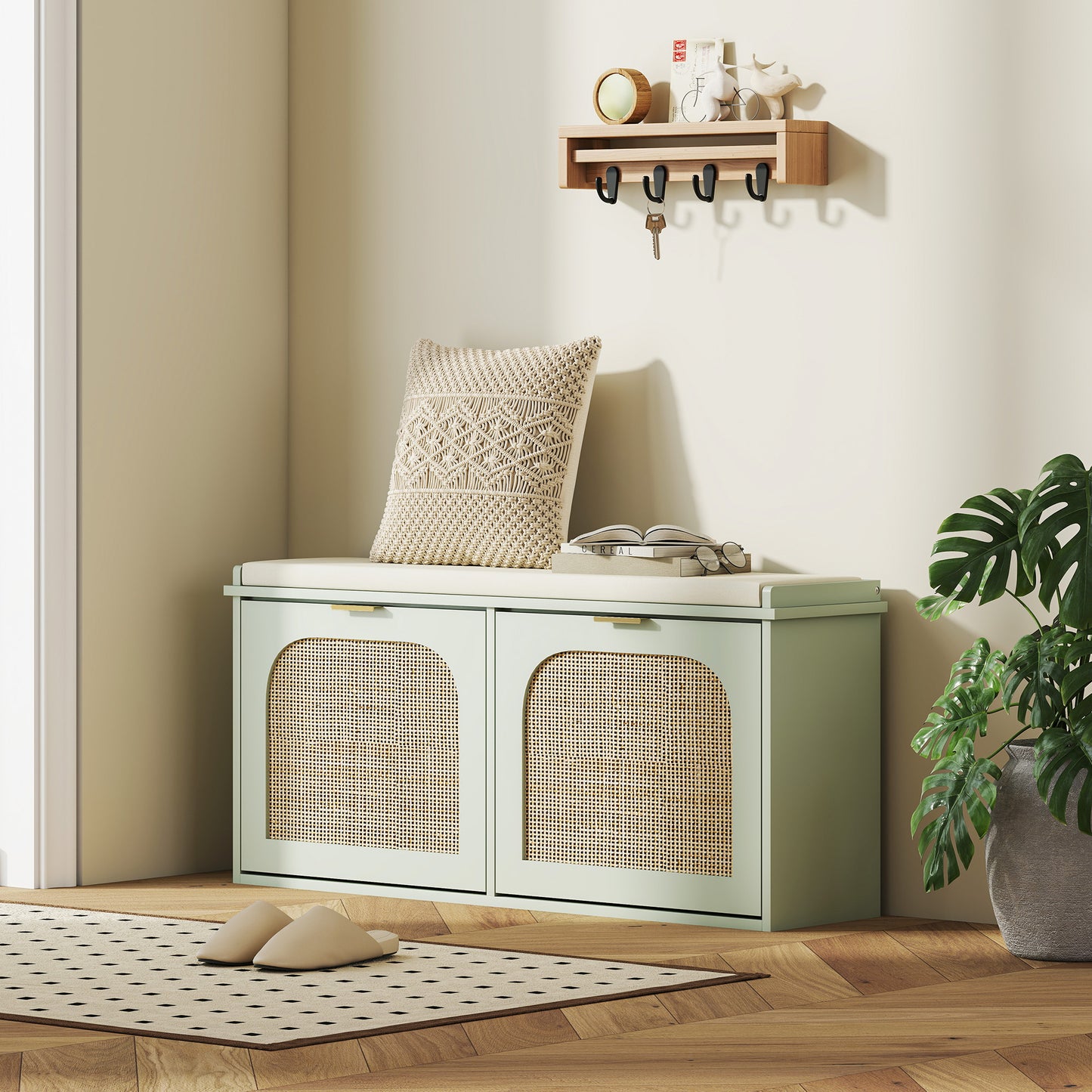 HOMCOM Boho Shoe Bench With Padded Seat And Two Flip Drawers For Entryway Organization In Light Green