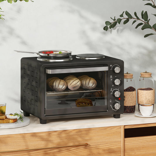 HOMCOM 28L Mini Oven With Dual Hot Plates 2600W Countertop Toaster Oven Grill Bake Roast Boil