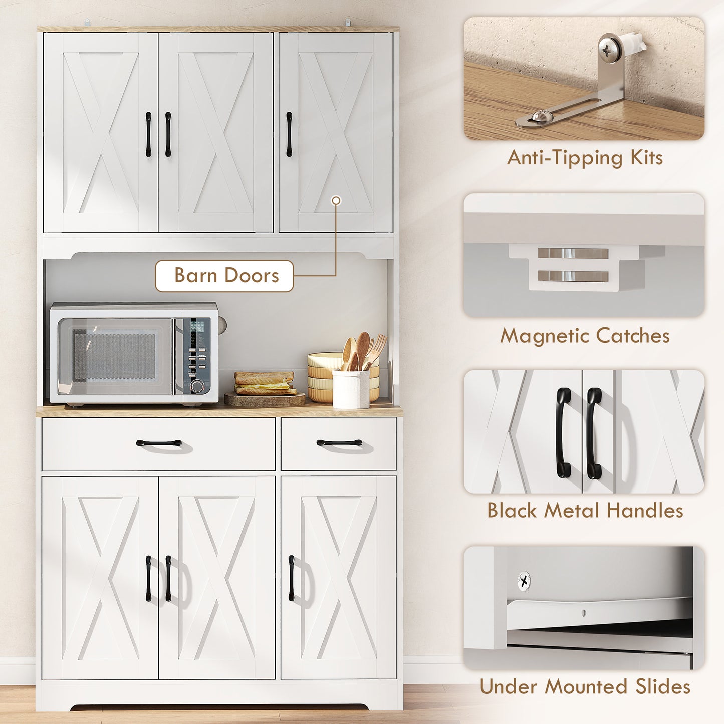 HOMCOM 175 cm Tall Kitchen Pantry Cabinet With Microwave Stand Freestanding White
