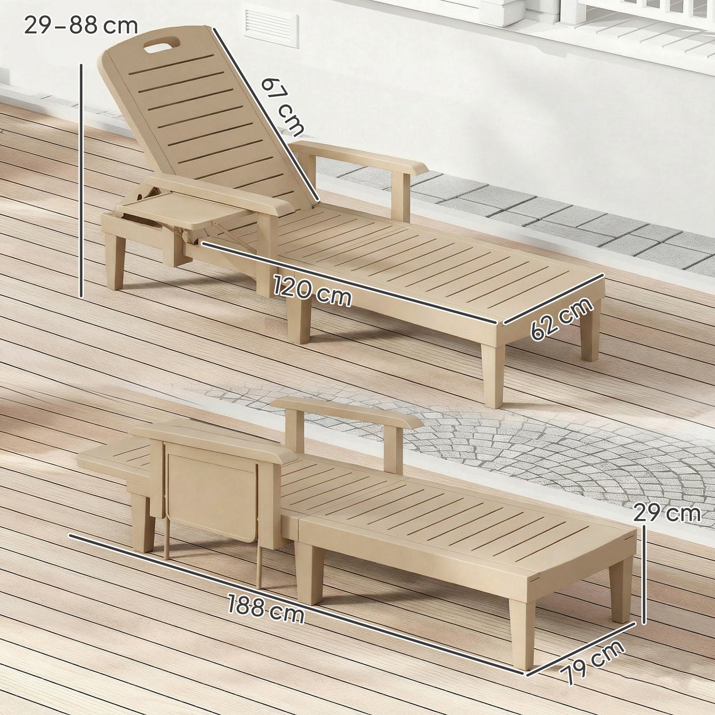 Outsunny Set Of 2 Reclining Sun Loungers 5 Position Adjustable Outdoor Chaise Lounge Chair With Armrests Khaki