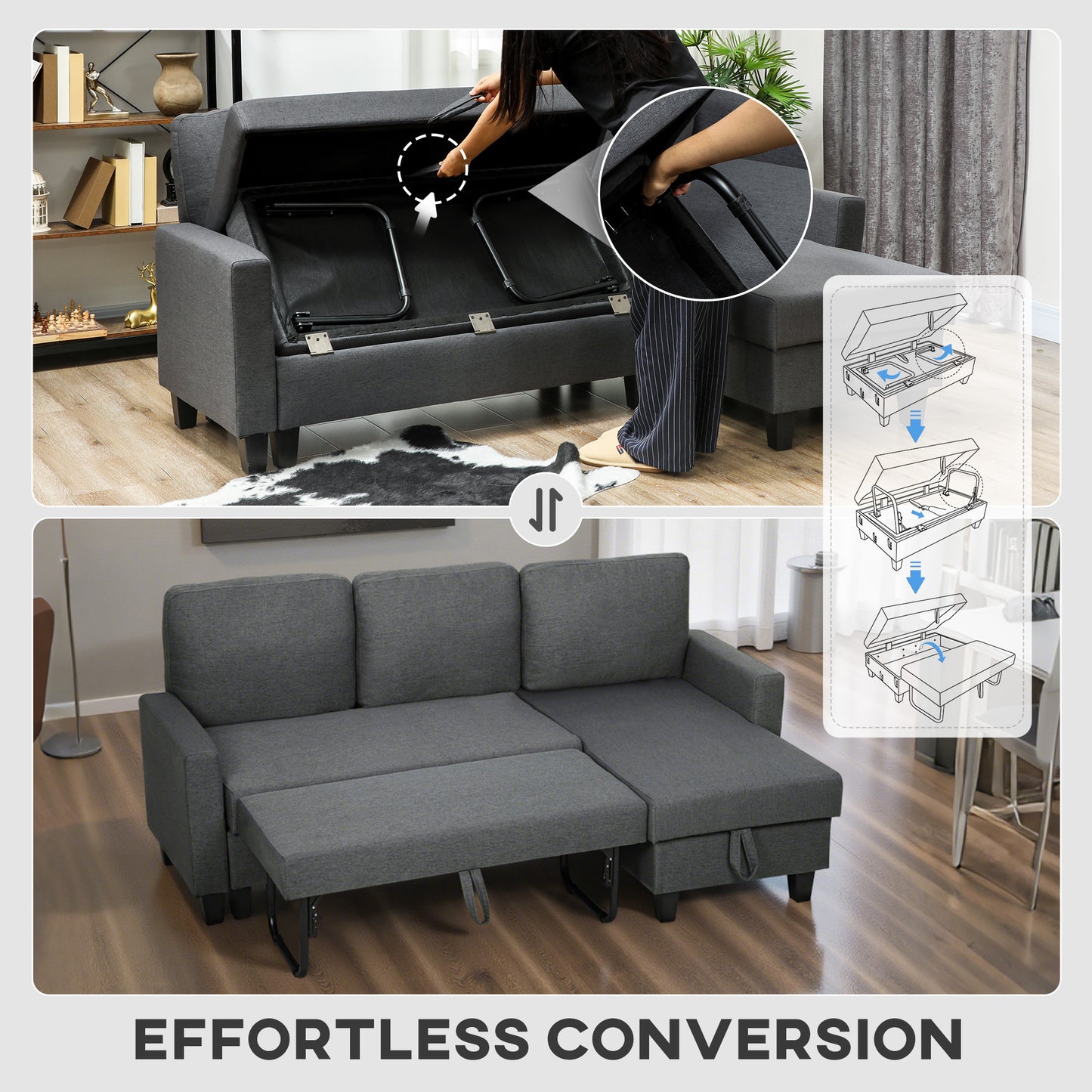 HOMCOM Three Seater Storage Sofa Bed With Hidden Chaise Storage And High Density Cushions Charcoal Grey