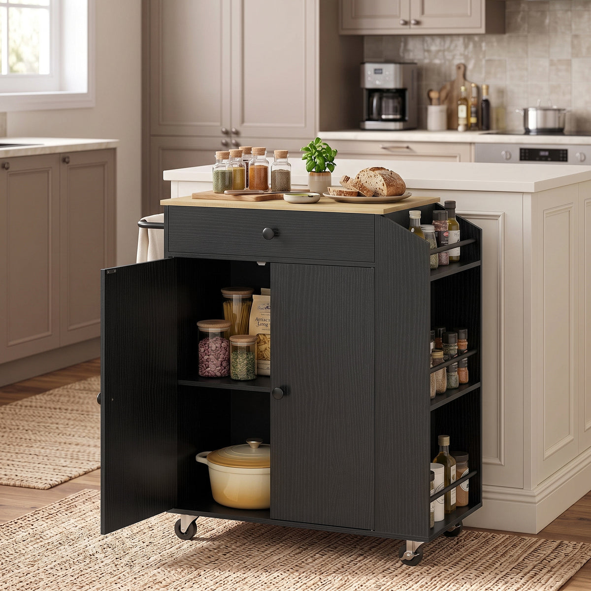 Rolling kitchen island cart with cabinet doors and open spice rack shelves, dark finish