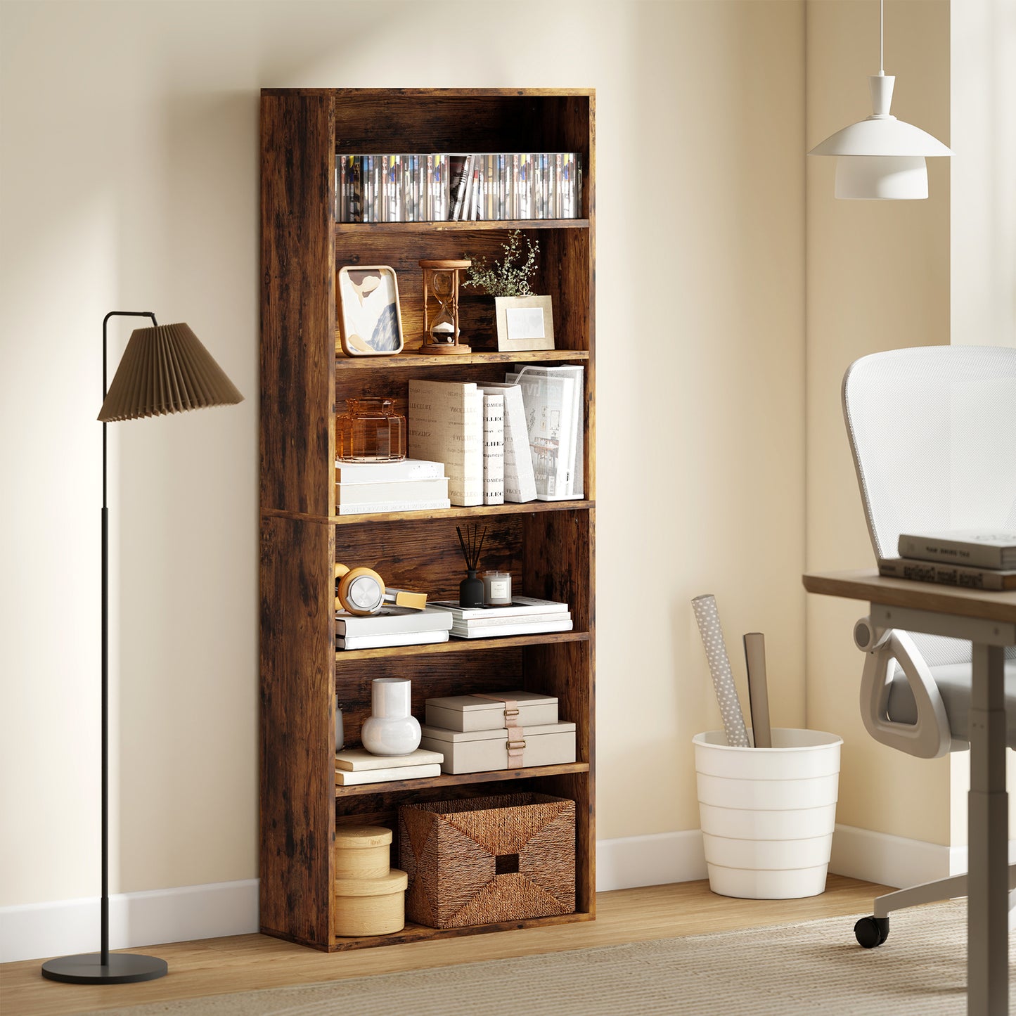 HOMCOM Six Shelf Bookcase Rustic Brown With Four Adjustable Shelves And Melamine Finish
