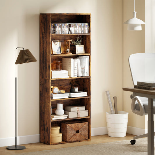 HOMCOM Six Shelf Bookcase Rustic Brown With Four Adjustable Shelves And Melamine Finish