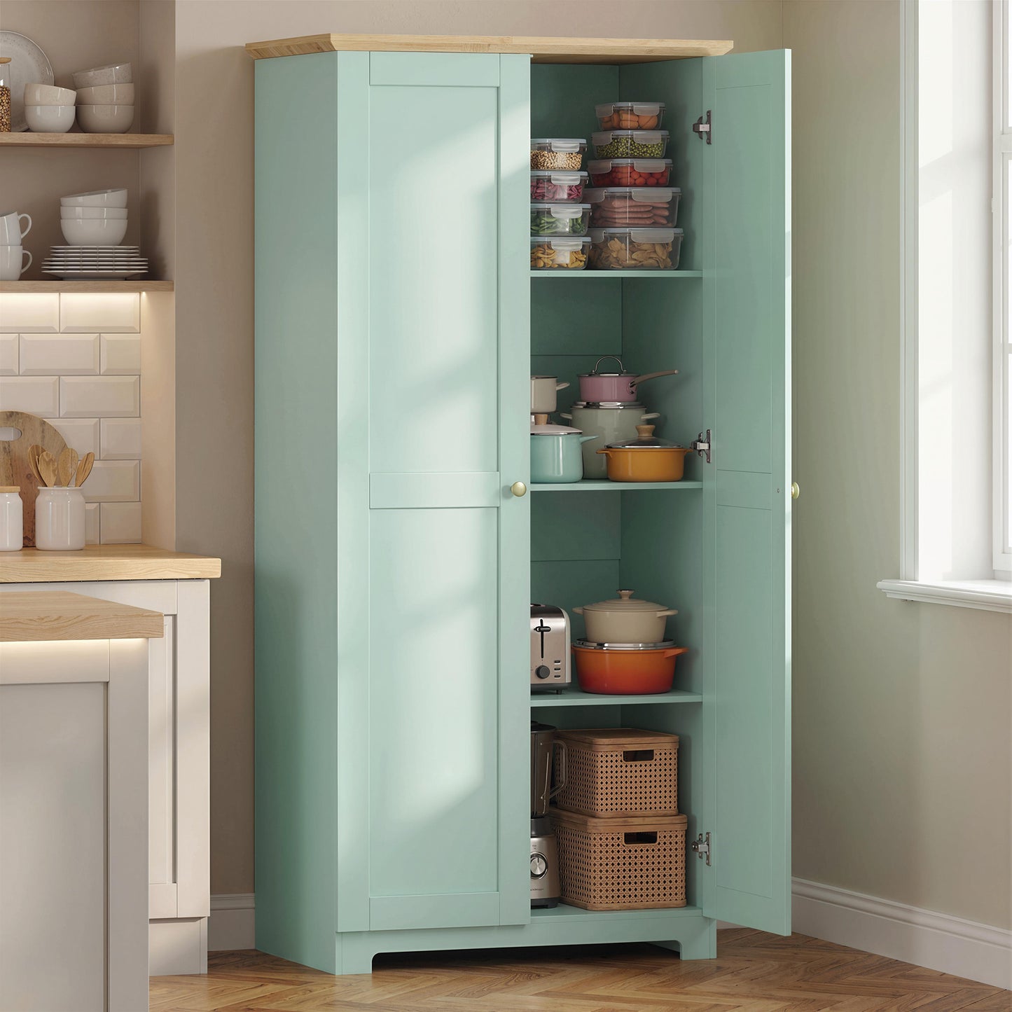 HOMCOM Kitchen Cupboard Freestanding Storage Cabinet With Doors And Shelves 172cm Light Green