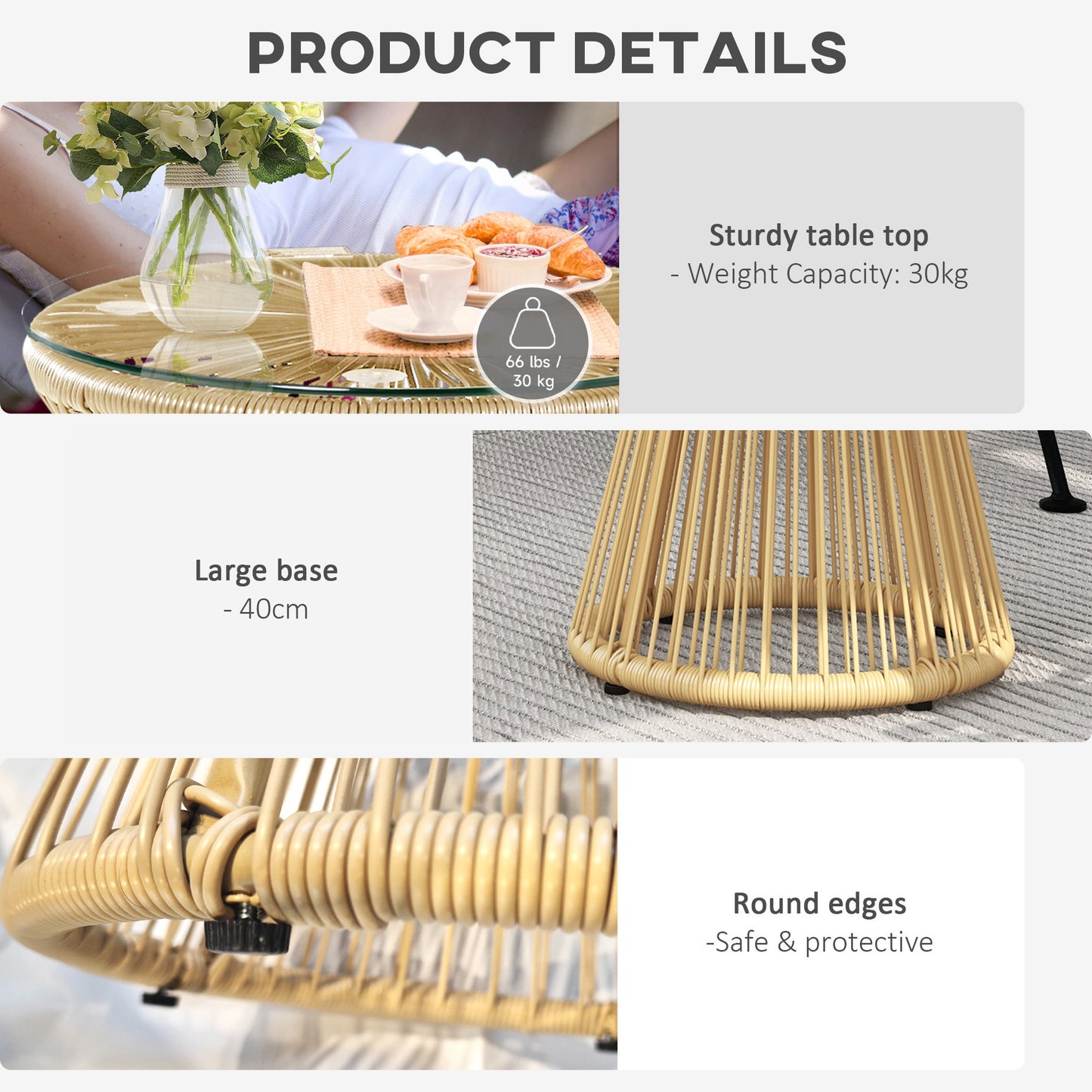 Outsunny Round End Table Rattan Side Table Hollow Drum Design With Glass Tabletop For Patio Garden Balcony Natural