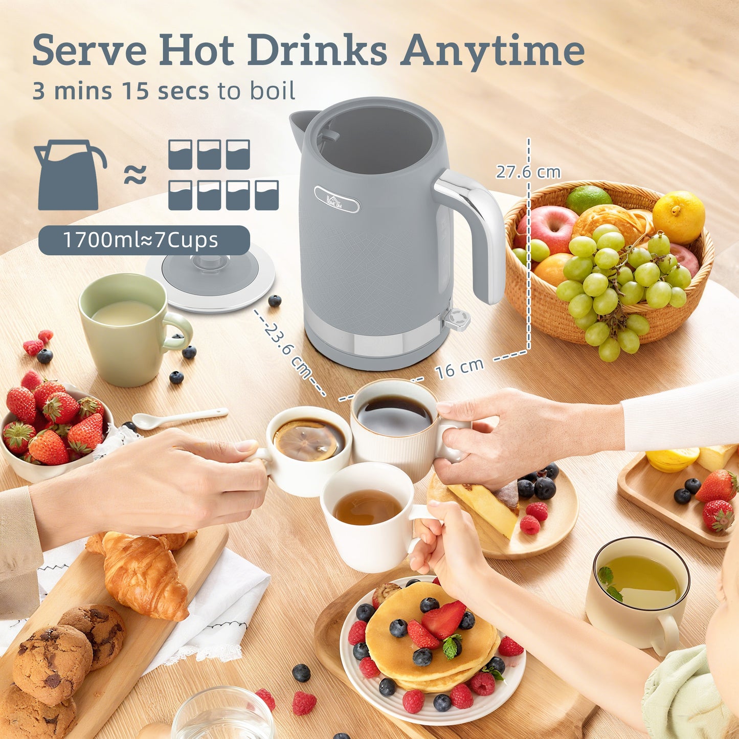 HOMCOM Sleek Textured Kettle And Toaster Set Grey Matte Finish With Curved Design