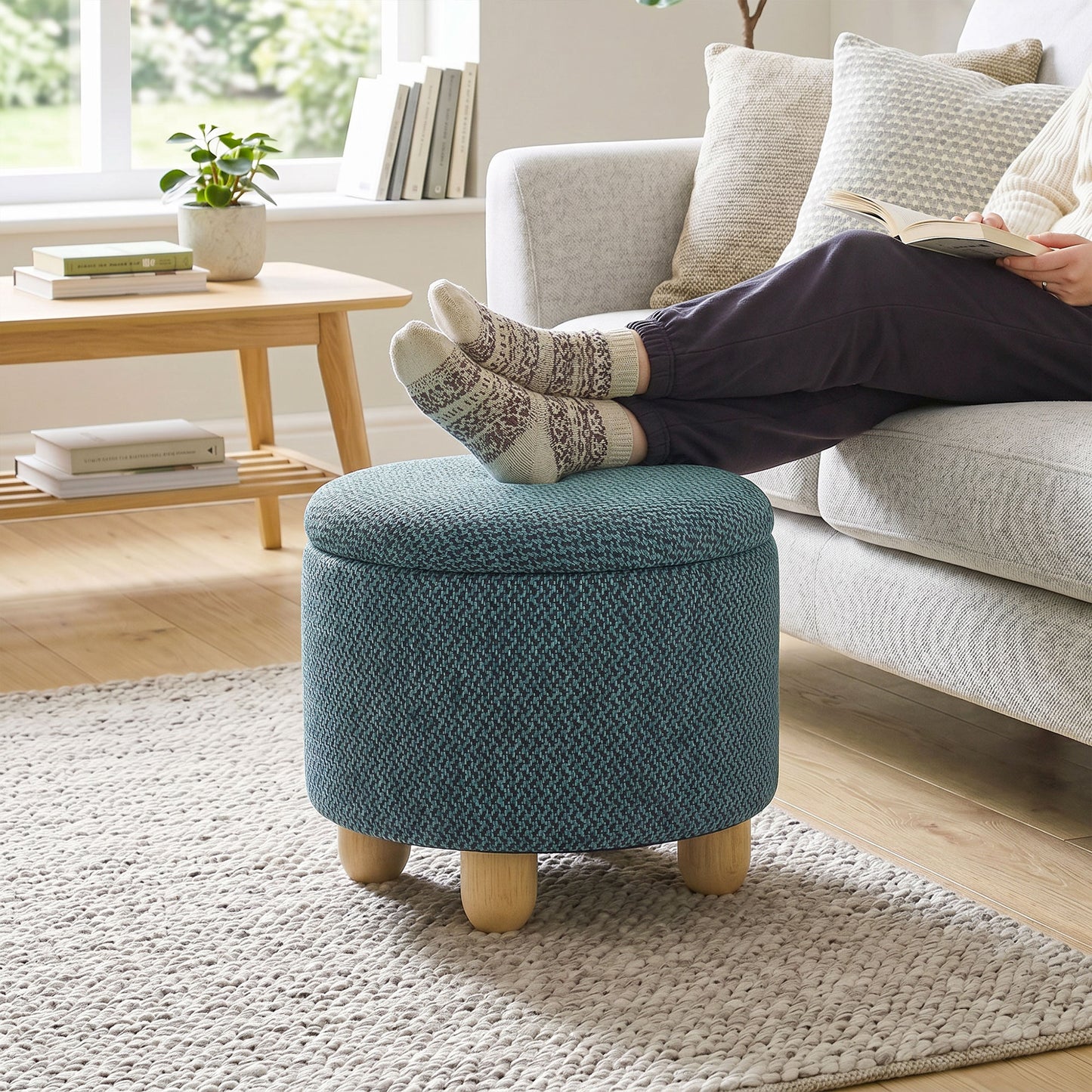 HOMCOM Round Storage Ottoman Bench With Lid Dark Blue Upholstered Footrest And Tabletop Rubberwood Legs