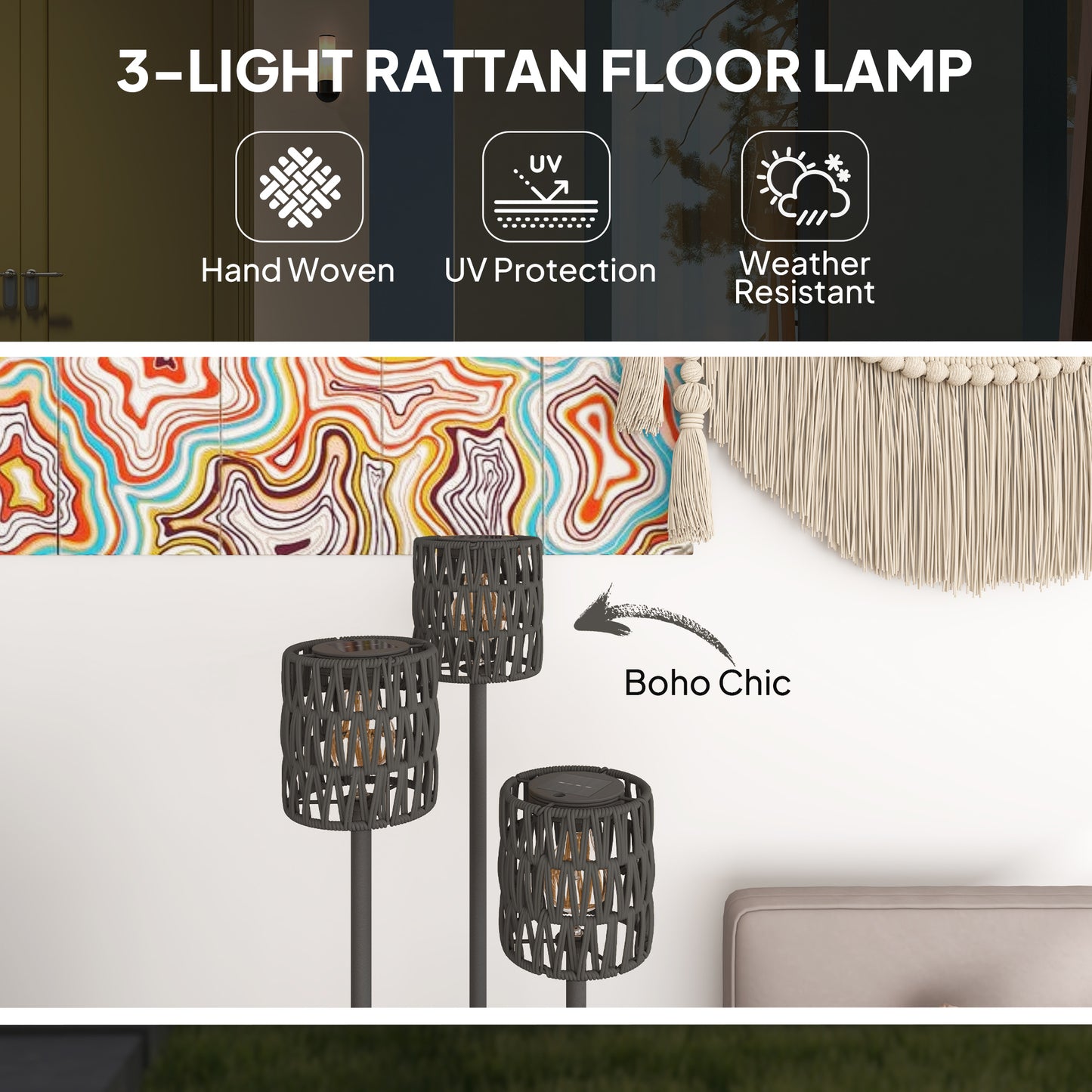 Outsunny Boho Rattan Floor Lamp With Shelf Freestanding Solar Garden Light Auto On Off Grey