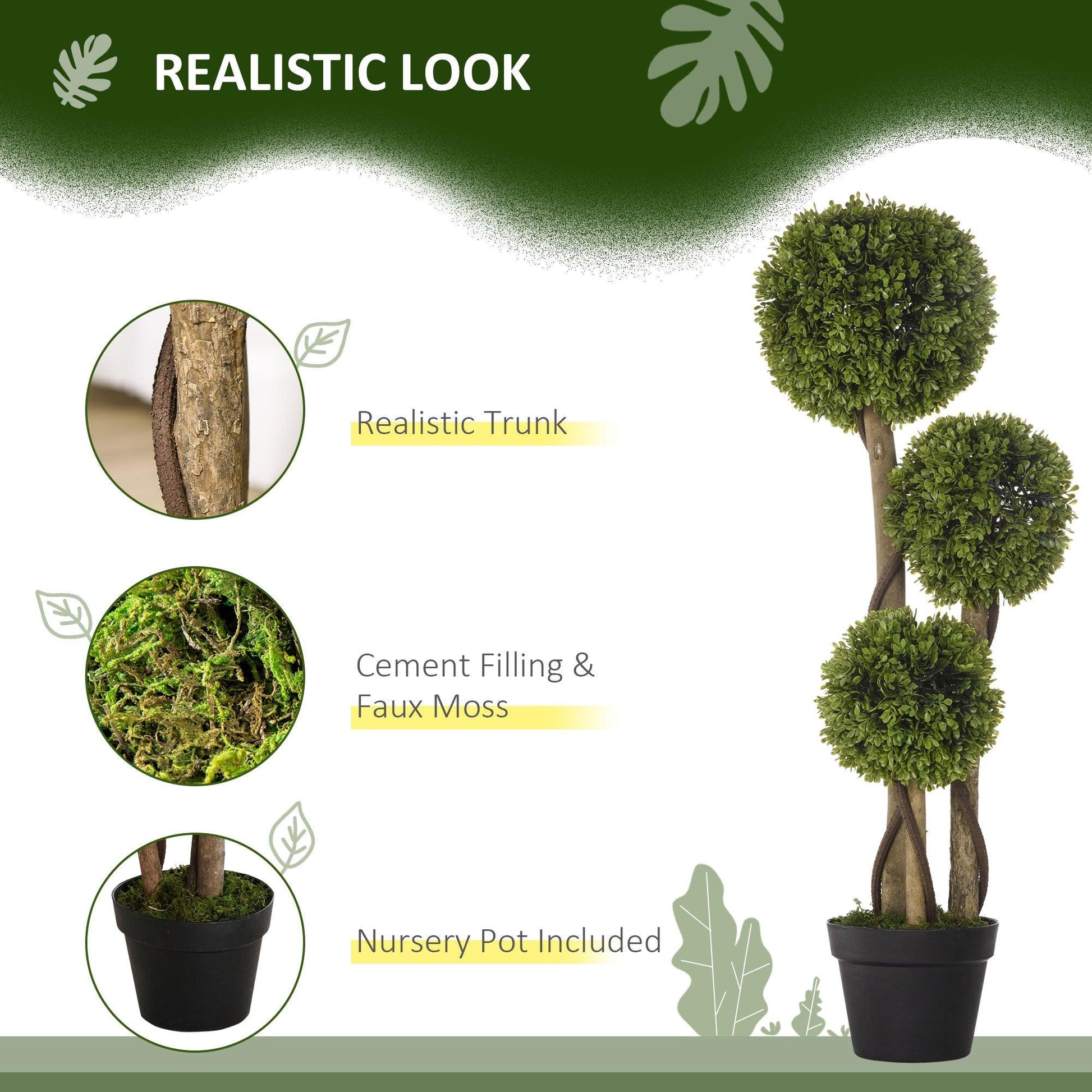 HOMCOM Artificial Plants, 90cm Boxwood Ball Topiary Trees for Indoor Outdoor Decor - ALL4U RETAILER LTD