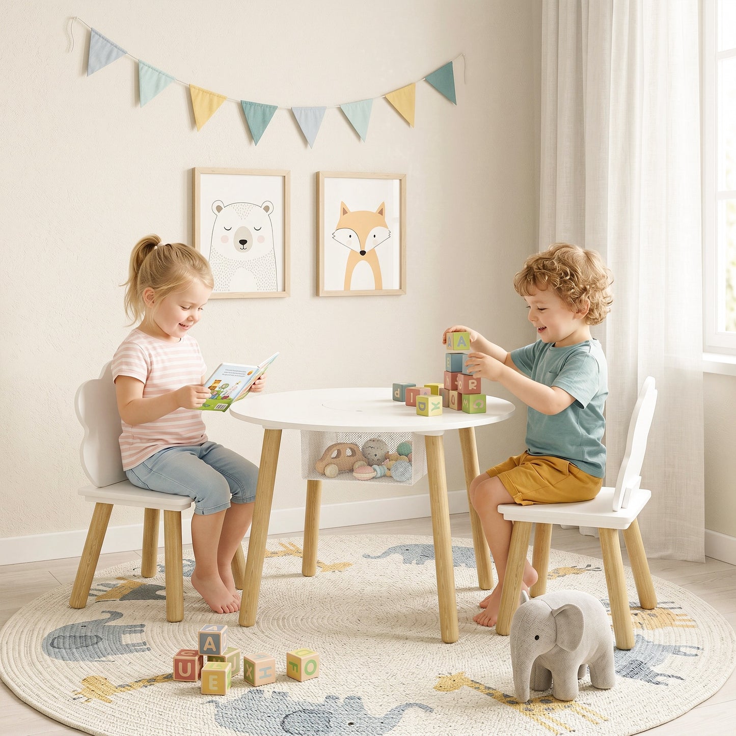AIYAPLAY Kids Toddler Table and Chairs Set With Storage Bag 3 Piece for Playroom White Durable