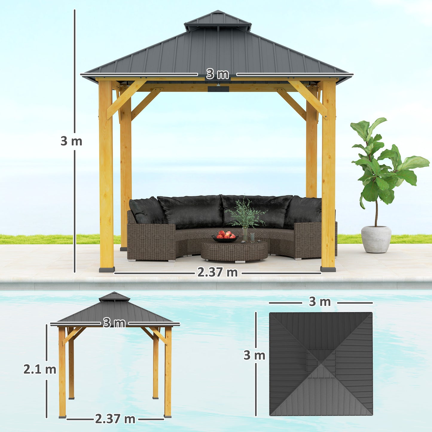 Outsunny 3x3m Outdoor Hardtop Gazebo Canopy With Two Tier Roof And Solid Wood Frame For Patio Garden Grey