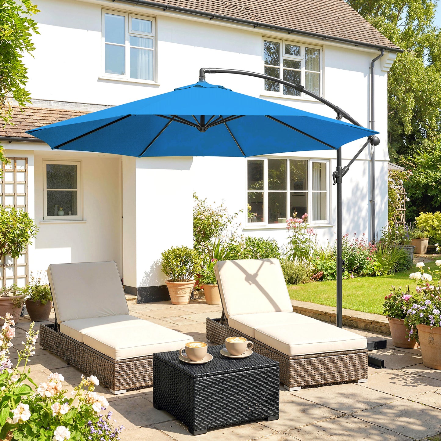 Outsunny 3m Overhanging Cantilever Parasol With Cross Base Blue For Overhead Shade Over Dining And Patio Seating