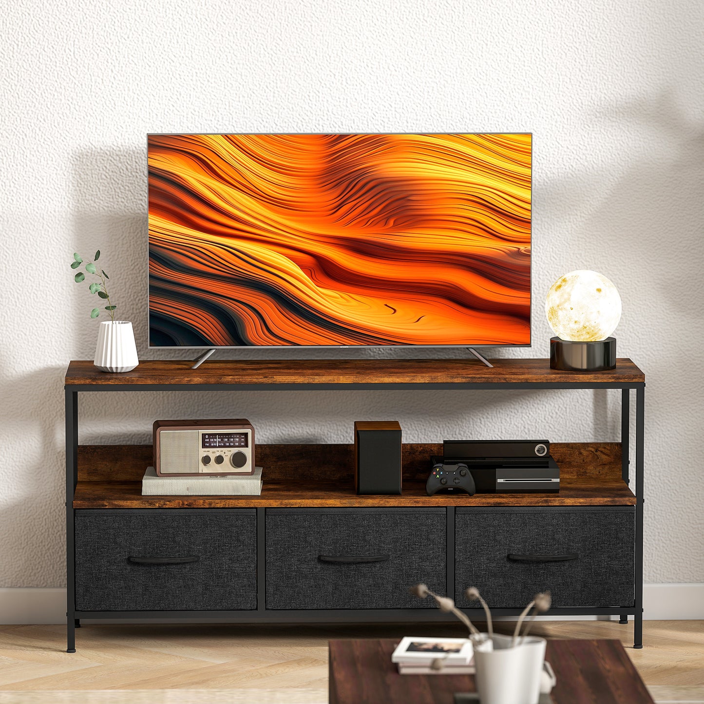 HOMCOM TV Stand Cabinet With 3 Foldable Drawers In Rustic Brown For 55 Inch TV Dual Color Modern Centerpiece