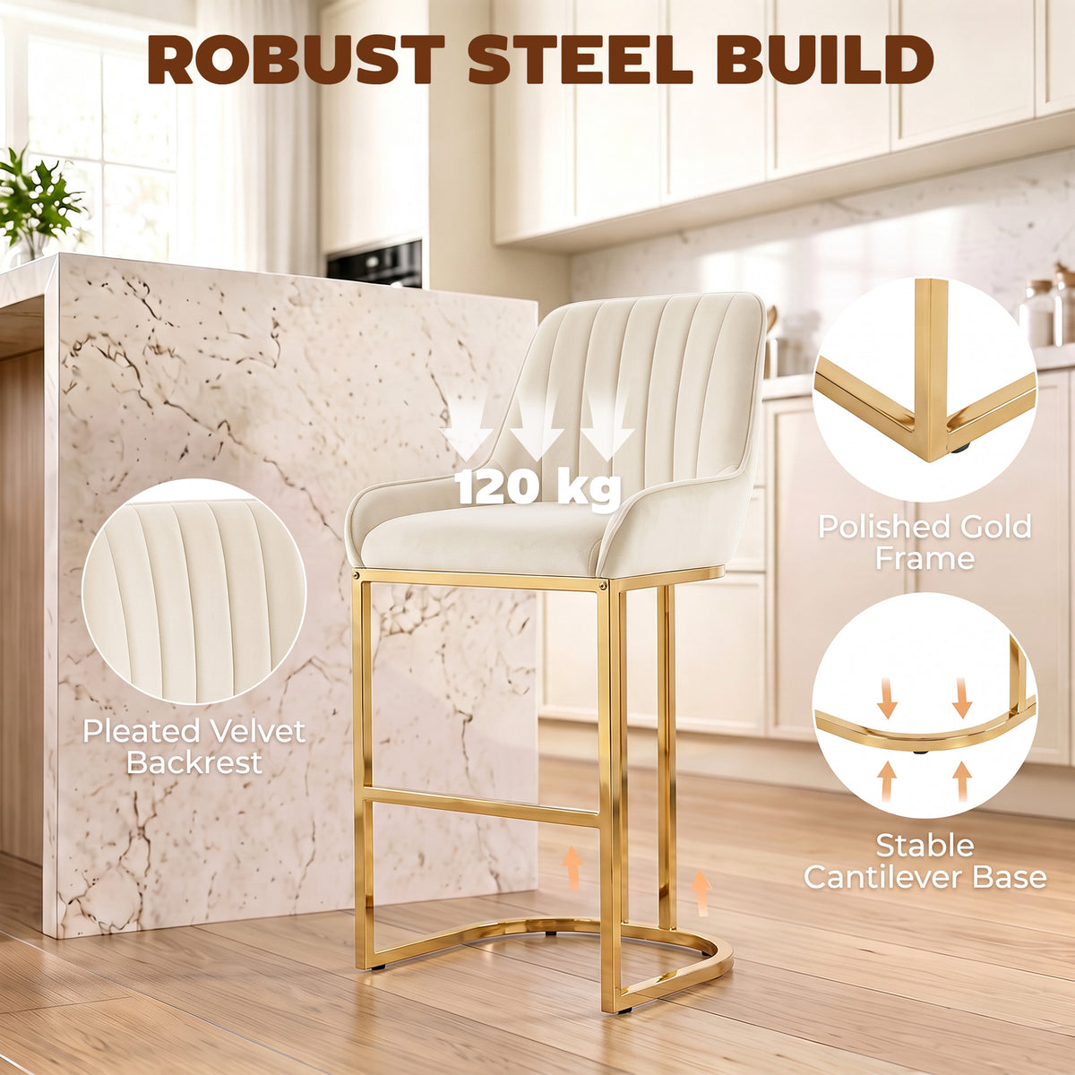 Cream white pleated velvet bar stool with tall backrest, polished gold cantilever base