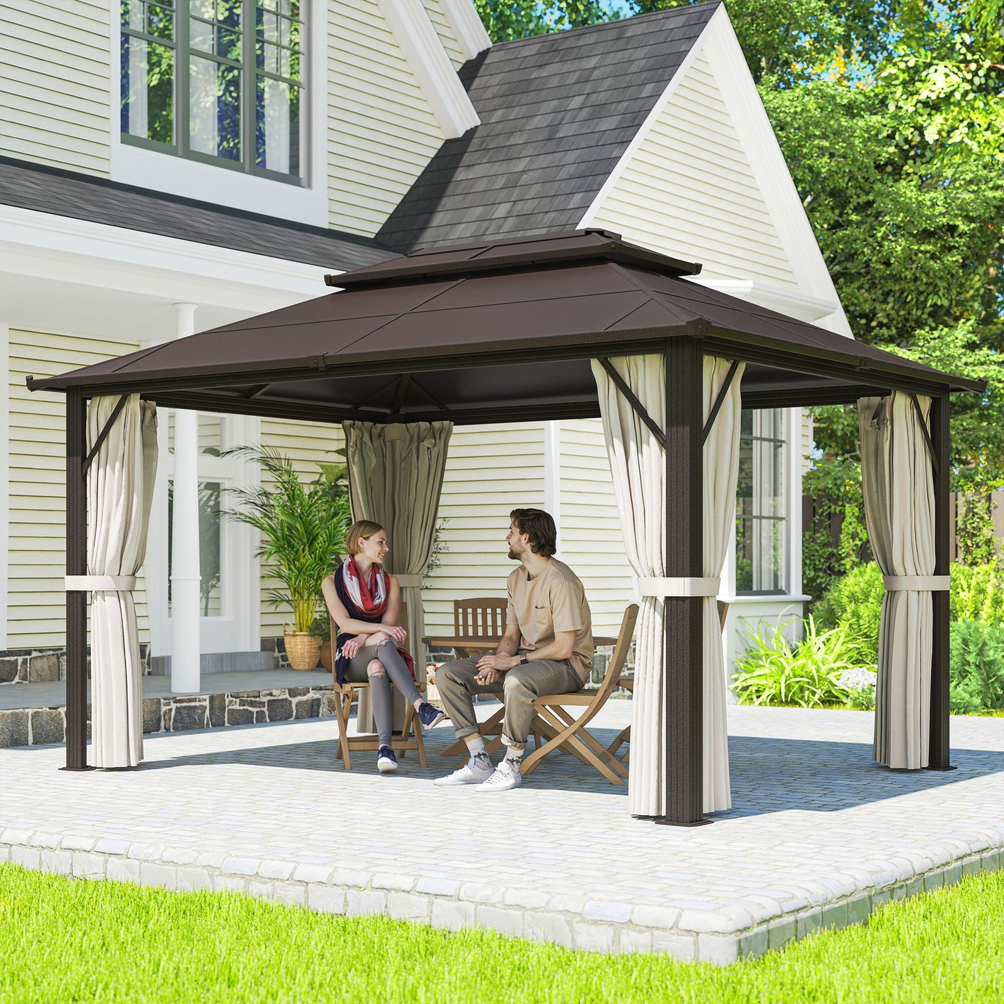 Outsunny 3 By 4m Hardtop Gazebo With UPF30 Polycarbonate Roof Aluminium Frame Mosquito Netting Curtains Beige Patio