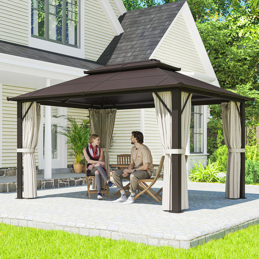 Outsunny 3 By 4m Hardtop Gazebo With UPF30 Polycarbonate Roof Aluminium Frame Mosquito Netting Curtains Beige Patio