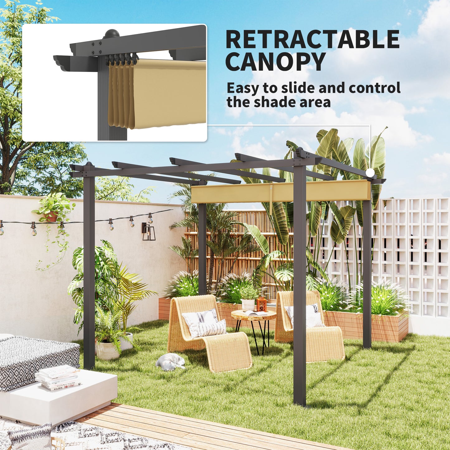 Outsunny 3x3m Aluminium Pergola With Retractable Roof Khaki For Outdoor Patio And Garden Space