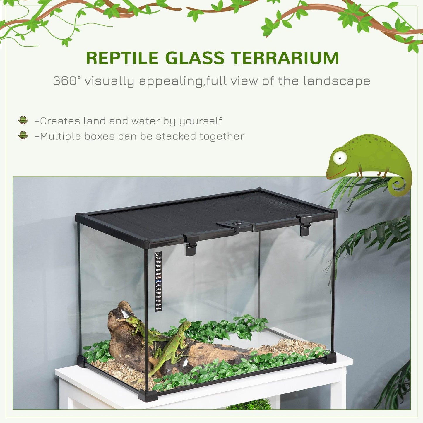 PawHut 50 x 30 x 35 cm Glass Reptile Habitat with Thermometer, Versatile Breeding Tank for Lizards, Frogs, and Snakes - Black - ALL4U RETAILER LTD