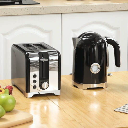 HOMCOM Retro Toaster And Kettle Set Black With 1.7L Kettle Capacity For Stylish Countertop Breakfasts