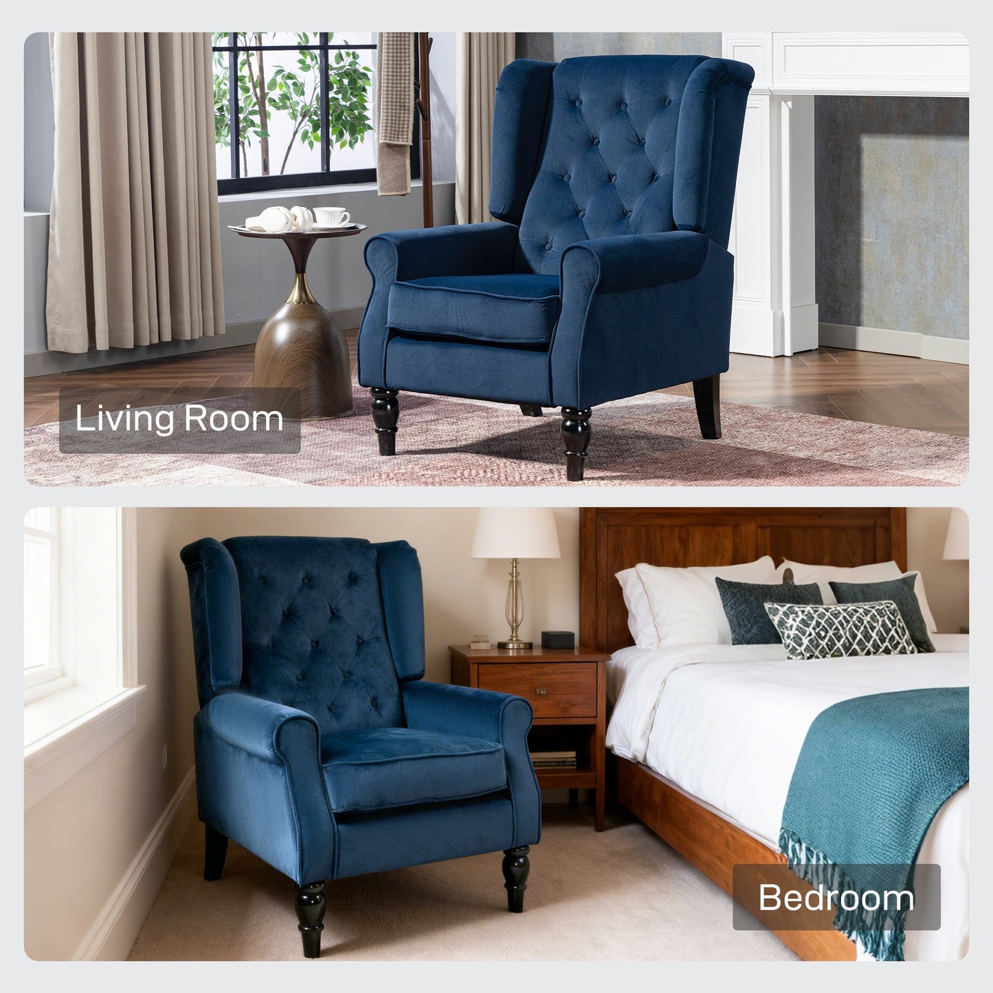 HOMCOM Wingback Accent Chair Retro Upholstered Button Tufted Occasional Chair For Living Room Bedroom Dark Blue