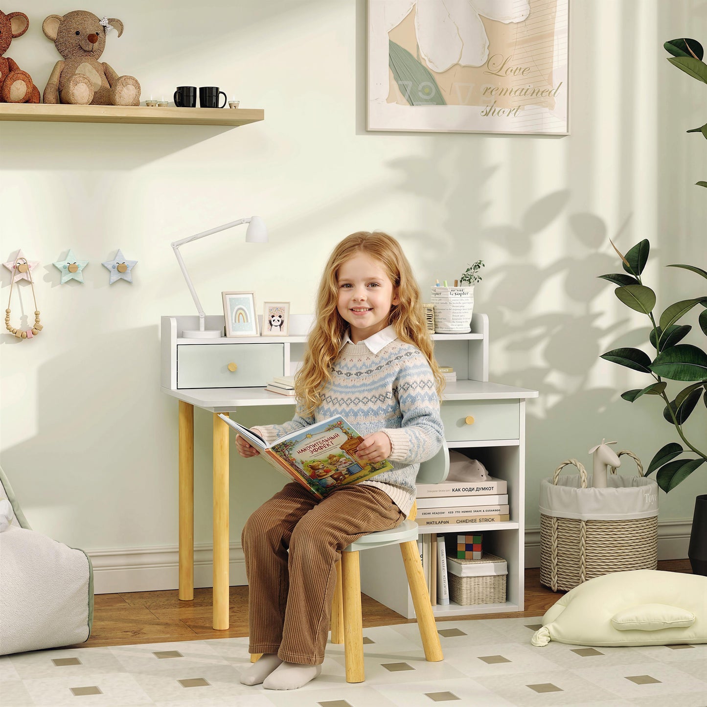 AIYAPLAY Two Piece Children Study Table With Hutch And Kids Desk And Chair Set With Storage Drawers Shelves Green