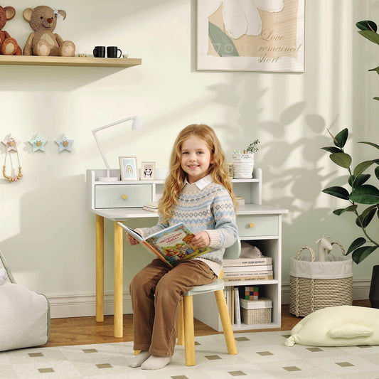 AIYAPLAY Two Piece Children Study Table With Hutch And Kids Desk And Chair Set With Storage Drawers Shelves Green