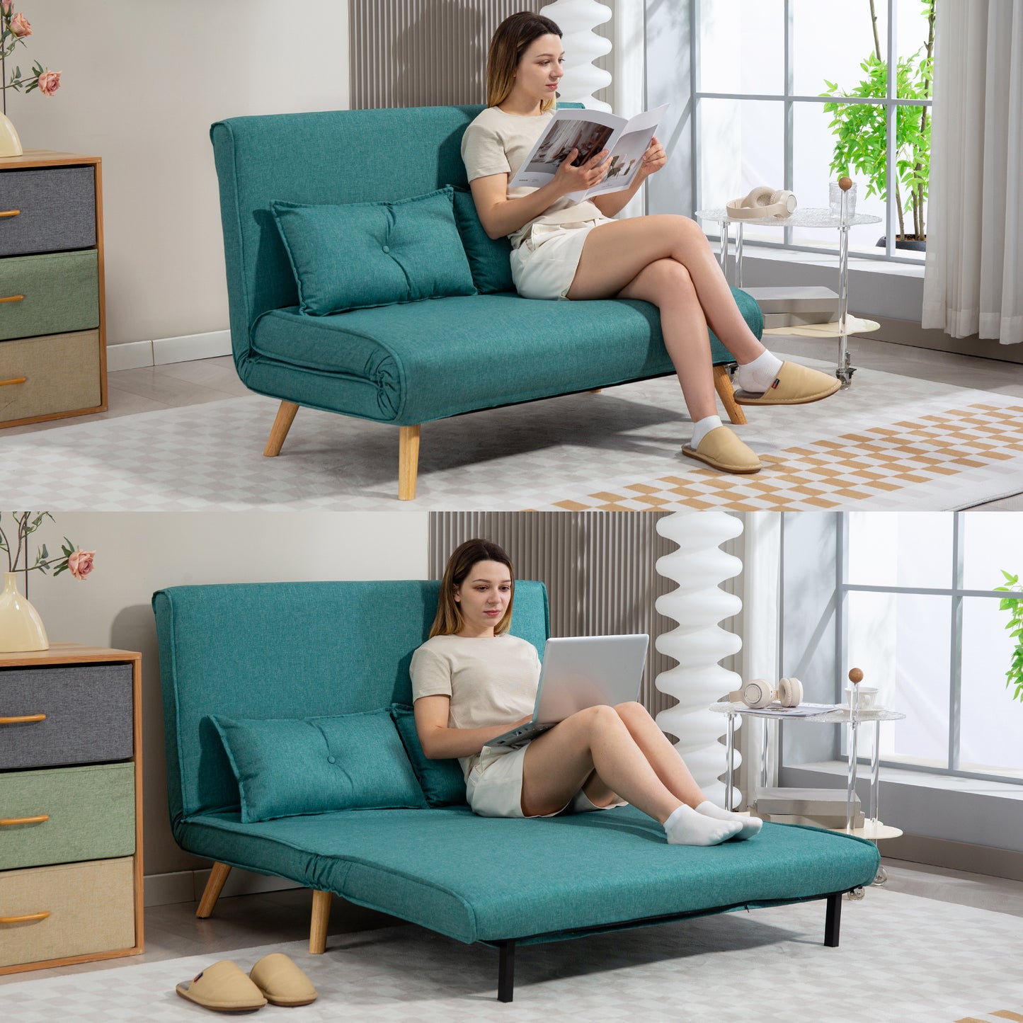 HOMCOM Two Seater Linen Look Sofa Bed Green With Click Clack Mechanism For Guests And Everyday Comfort