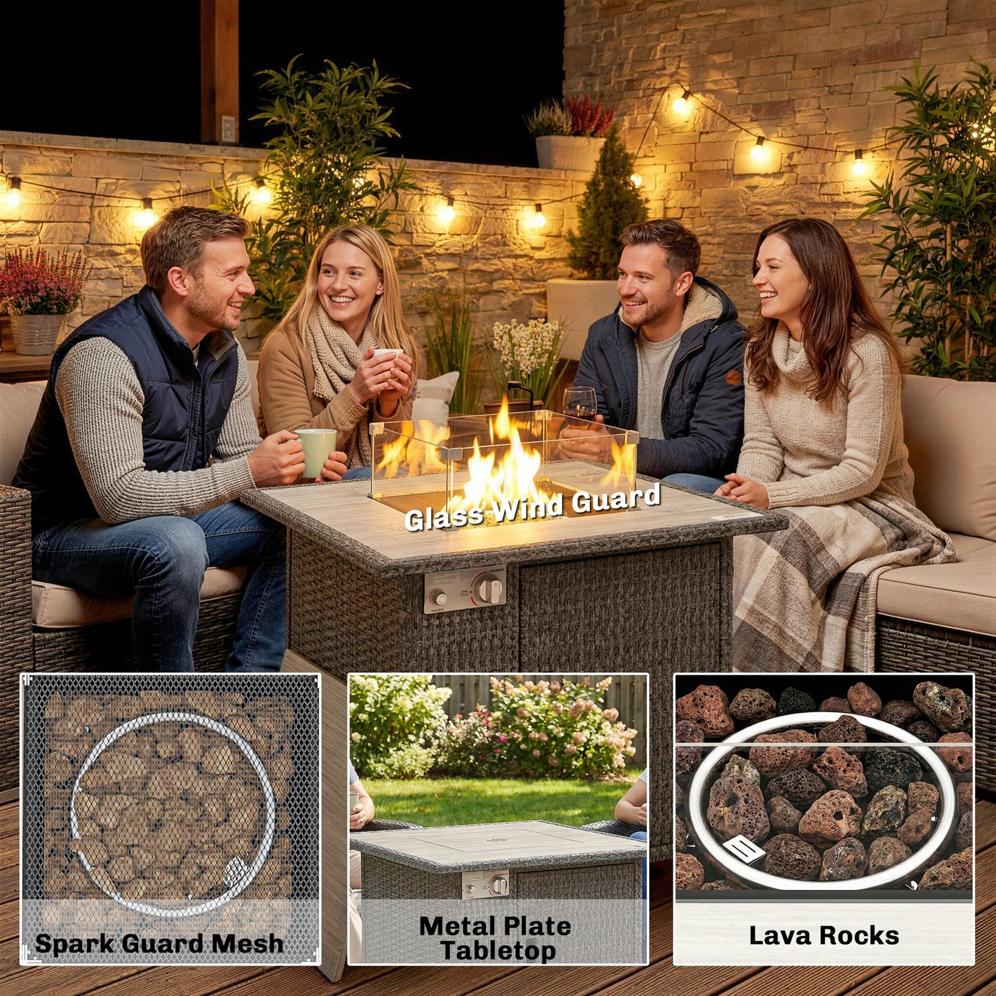 Outsunny 14.5 KW Rattan Gas Fire Pit Dining Table With Rain Cover Wind Guard Lid Lava Rocks Dark Grey