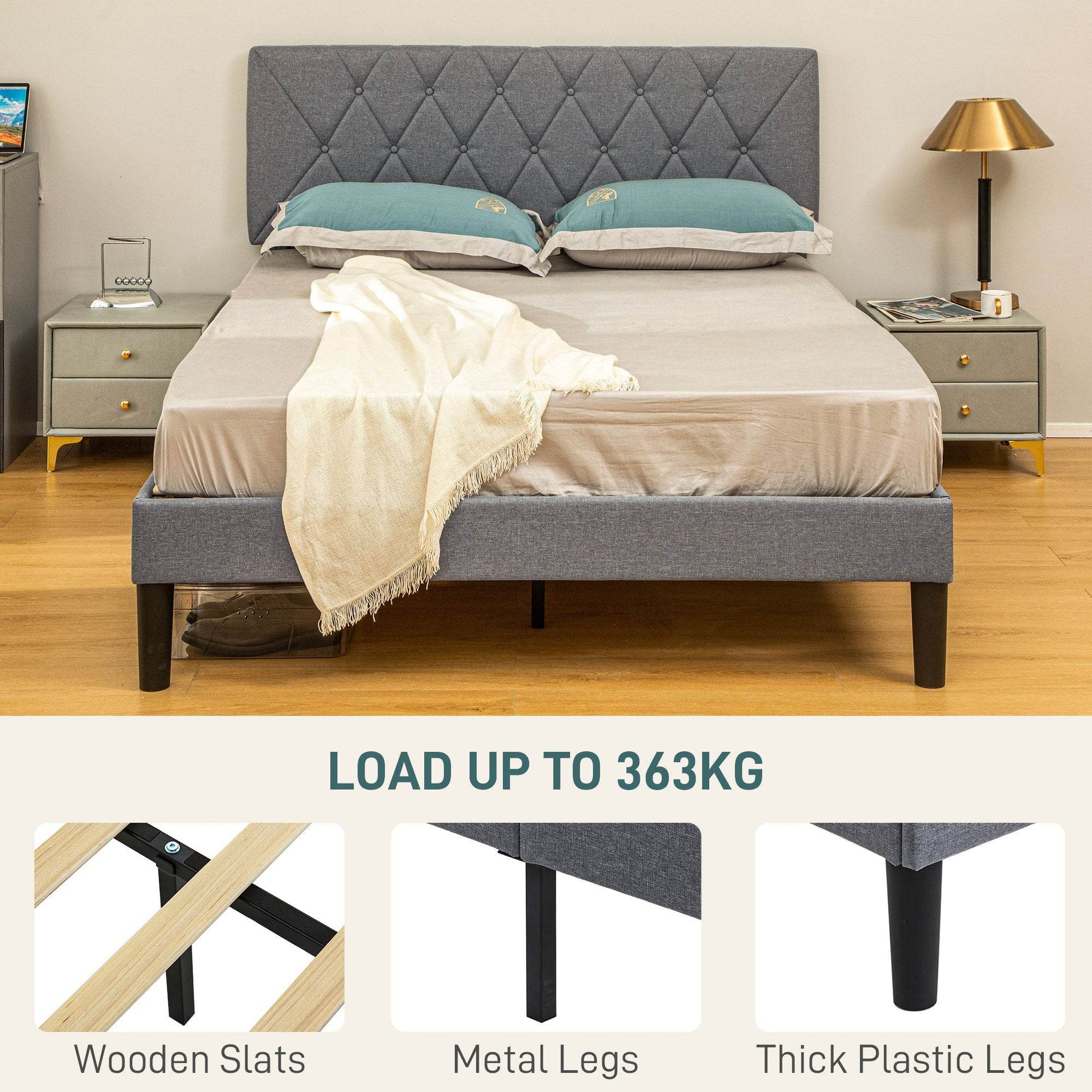 HOMCOM Adjustable King Size Upholstered Bed Frame with Padded Headboard - Grey - ALL4U RETAILER LTD