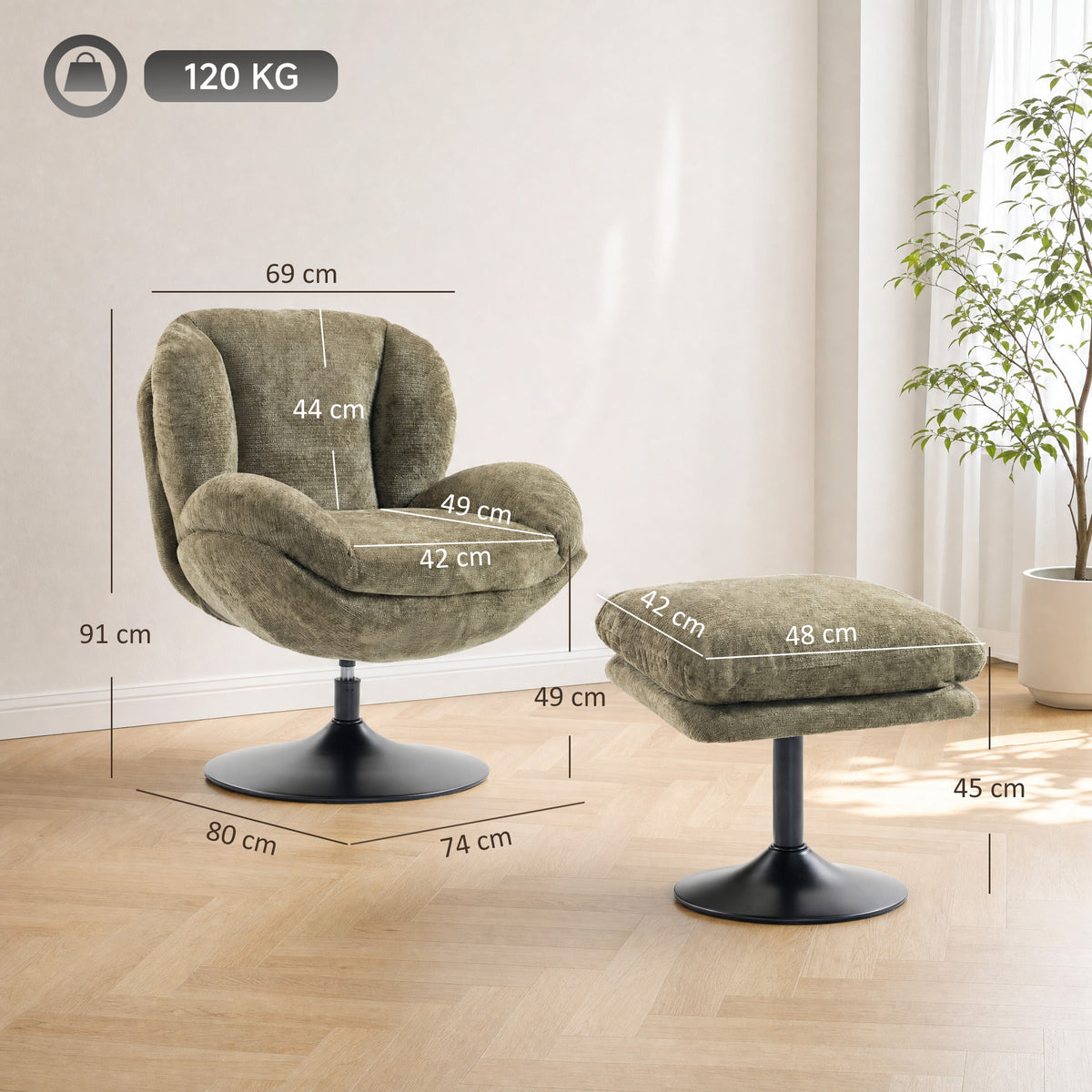 HOMCOM Modern Chenille 360 Degree Swivel Accent Chair With Ottoman Dark Green