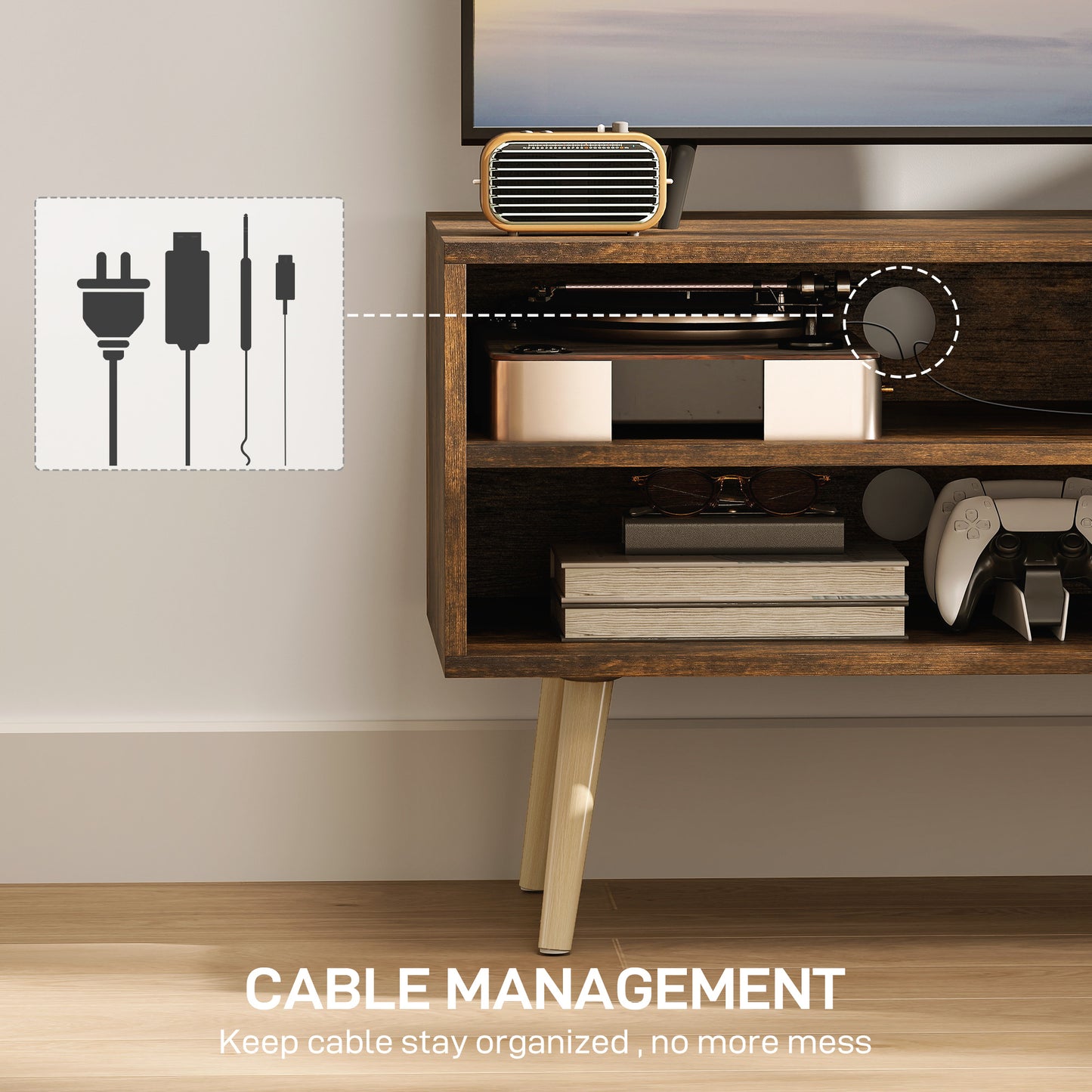 HOMCOM TV Stand For 55 Inch TVs With Open Shelves And Cable Holes Brown Finish Two Storage Shelves And Cupboard