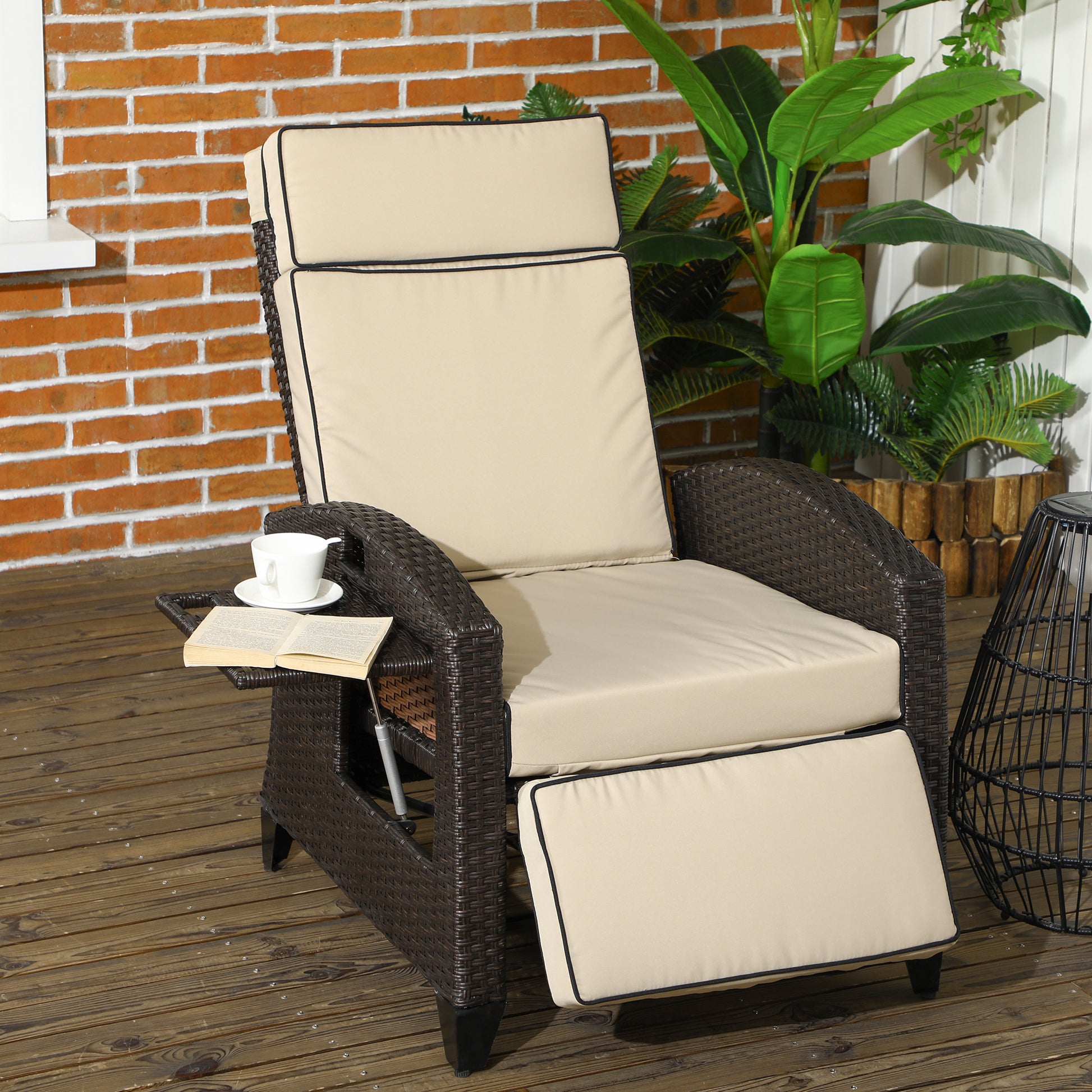 Outsunny Adjustable Outdoor Recliner Chair with Cushion and Side Table – Brown - ALL4U RETAILER LTD