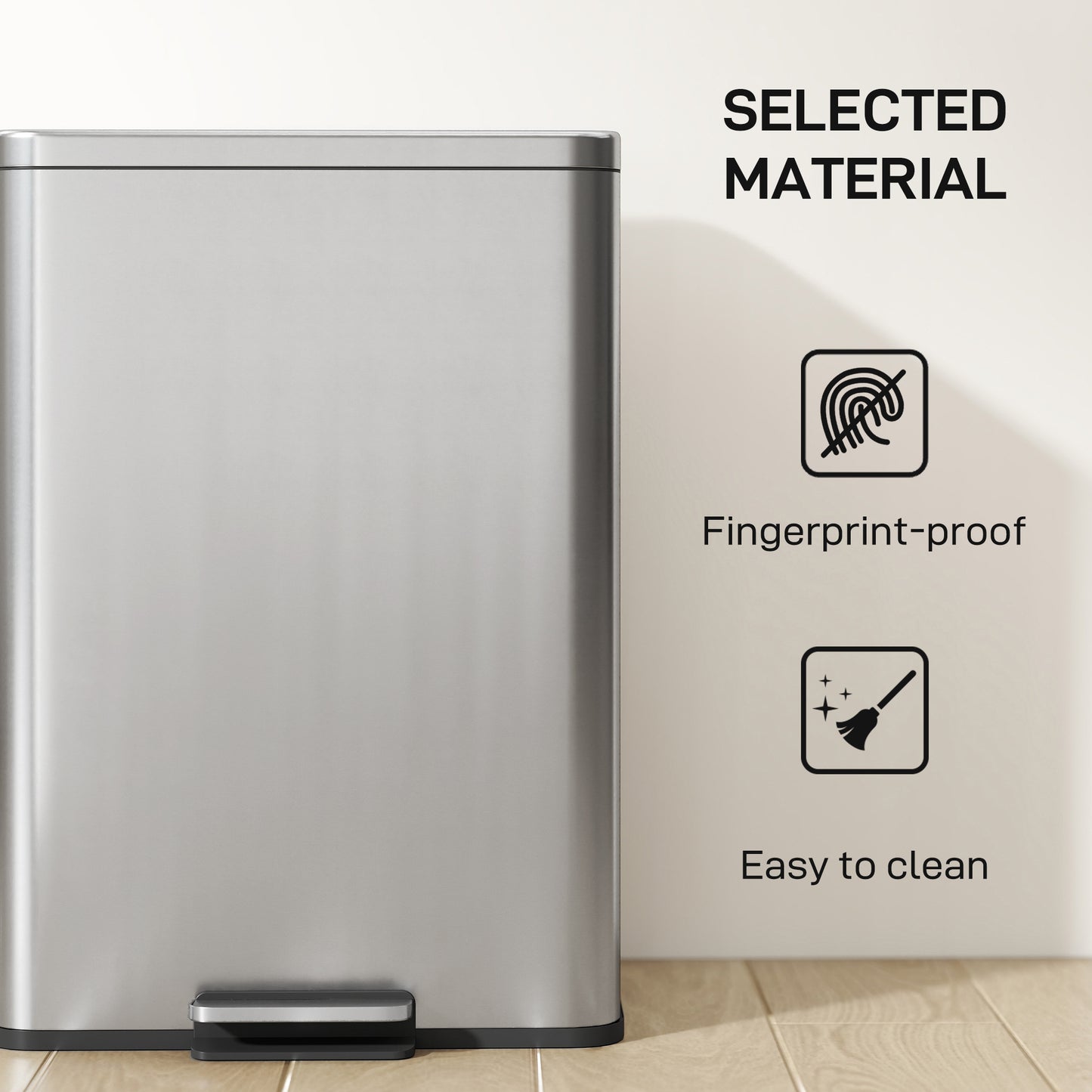 HOMCOM 20L Stainless Steel Pedal Kitchen Bin With Soft Close Lid Stay Open Function Removable Inner Bucket