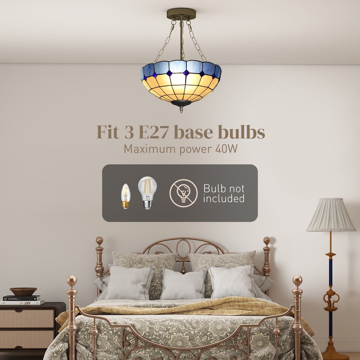 Homcom Tiffany Style Ceiling Light Vintage Chandelier With 3 E27 Sockets Semi Flush Mount For Living Room